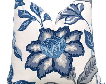 Large Floral Print "Delphine in Indigo" Pillow Cover 18x18, 20x20, 22x22, Euro Shams, Lumbar size, Designer Pillow