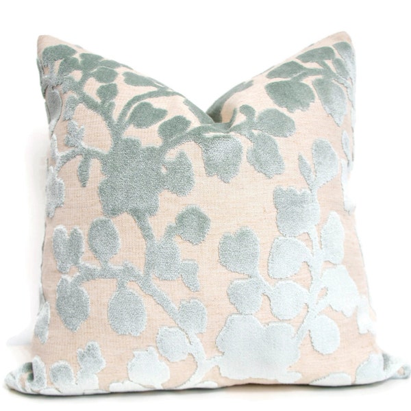 Blossom Cut Velvet Pillow Cover in "Mist Blue", Decorative Pillow, Euro Shams, Lumbar Pillow Cover, Throw Pillow, Floral Fabric by VernYip.