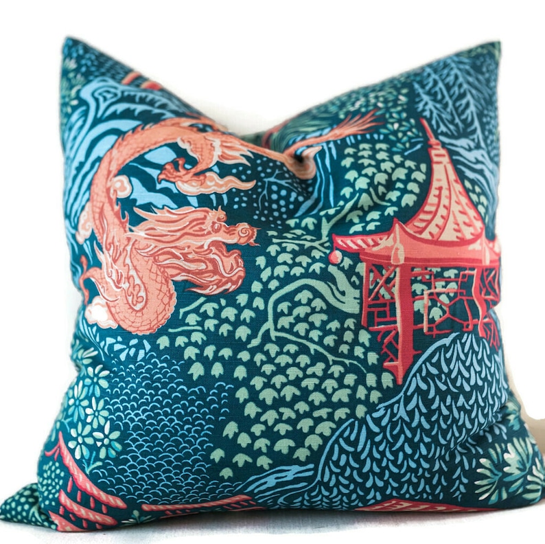 Blue Chinoiserie Pillow Covers Pagoda and Dragon Pillow Etsy