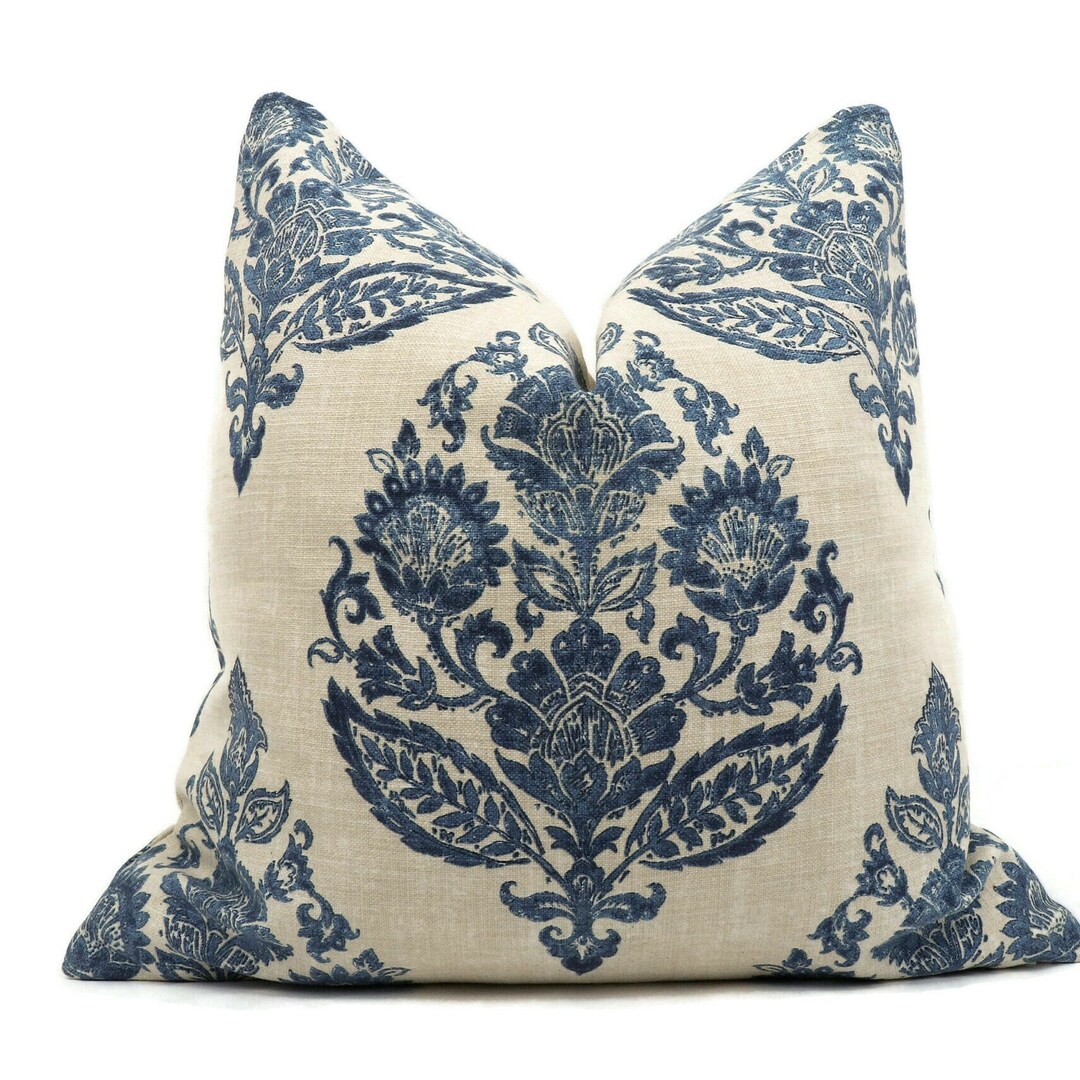Blue Damask Pillow Cover, LYDIA by Jennifer Adams in Antique Blue