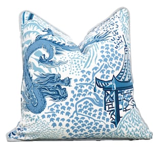 Blue Chinoiserie Pillow Covers, Pagoda and Dragon pillow, Square and Lumbar pillows 16x16, 18x18, 20x20, 14x20, Fabric by Vern Yip