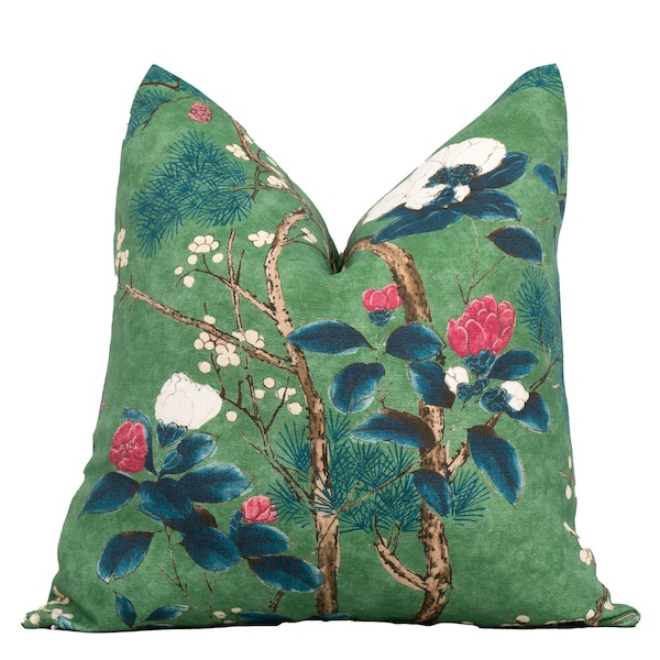 Funda de almohada Thibaut Katsura verde esmeralda, almohadas de diseño, funda de almohada europea, almohadas lumbares, almohadas de estilo chinoiserie, colección Grand Palace.