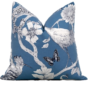 Large Floral and Animal Print Pillow Cover in Blue 18x18, 20x20, 22x22, Euro Shams, Lumbar size, Designer Pillow