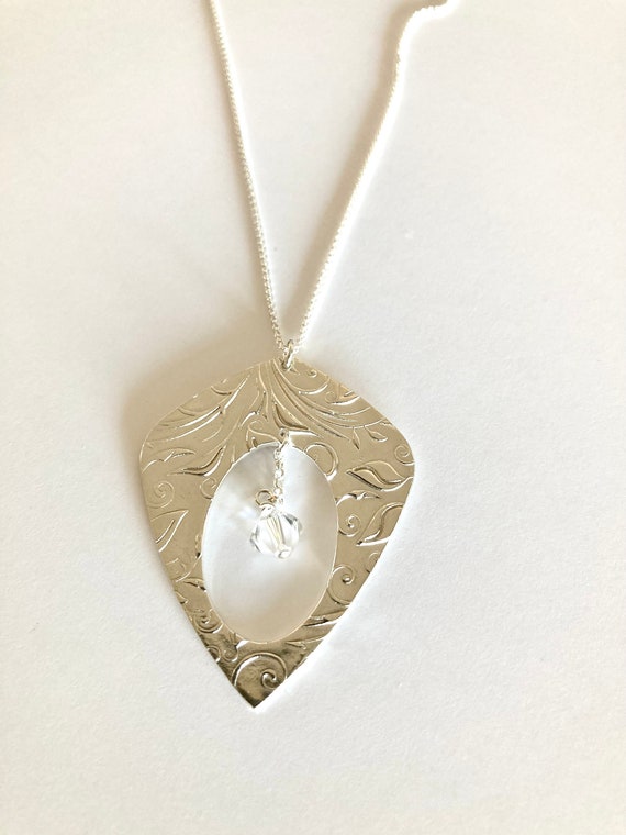 Fine Silver Floral Embossed Pendant with Swarovski Crystal Necklace