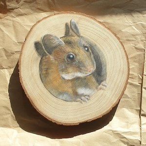 May include: A hand-painted artwork of a mouse peeking out from a hole in a wooden slice. The mouse is depicted with brown and tan fur, and the wood slice has a natural, light-brown color.