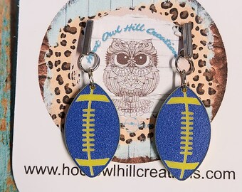 Blue and gold football earrings