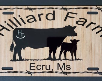 Custom barnwood farm license plate with cow calf pair. Add your farm name and brand!