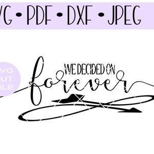 May include: Black and white SVG cut file design with the text "We Decided on Forever" in a script font. The design includes the file types SVG, PDF, DXF, and JPEG. A small logo is in the upper right corner.