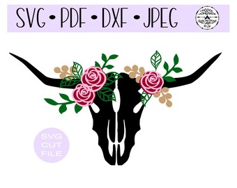 Cow Bull Skull with Floral Flourish Cowgirl digital cut file for htv-vinyl-decal-diy-plotter-vinyl cutter-craft cutter-.SVG and .Jpeg format