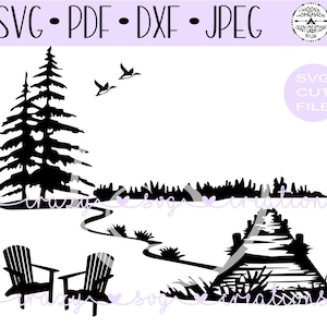 Lake Scene Silhouette SVG | Lake-Dock-Adirondack Chairs Digital Cut File | HTV Cut File | Vinyl Stencil Cut File | PNG | Jpeg | Dxf | Pdf