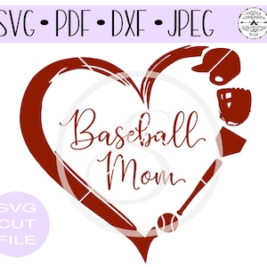 May include: Red heart-shaped design with baseball equipment, including a bat, ball, glove, and hat. The text "Baseball Mom" is inside the heart.