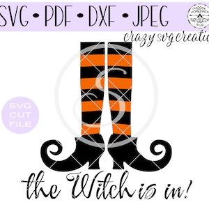 May include: Black witch boots with orange and black striped stockings and the text "the Witch is in!"
