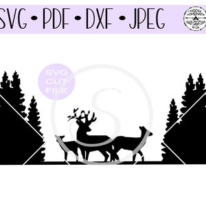 May include: Silhouette of three deer standing in a forest with tall pine trees on either side. The deer are facing the right side of the image. The image is black and white.
