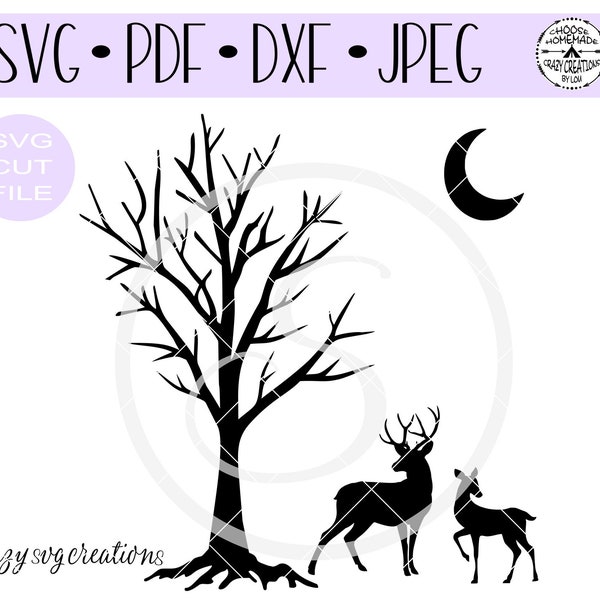 Deer Standing Under The Moon and Tree Silhouette SVG | Digital Cut File | HTV Cut File | Vinyl Stencil Cut File | PNG | Jpeg | Dxf | Pdf