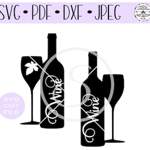 May include: Black and white silhouette of two wine bottles with the word "Wine" written on them. Each bottle is next to a wine glass.