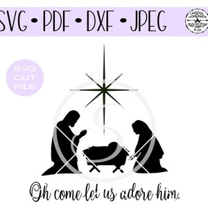 Nativity Baby Jesus Silhouette Oh Come Let Us Adore Him SVG digitaal gesneden bestand voor htv-vinyl-plotter-vinyl cutter- SVG - DXF & Jpeg formaten.