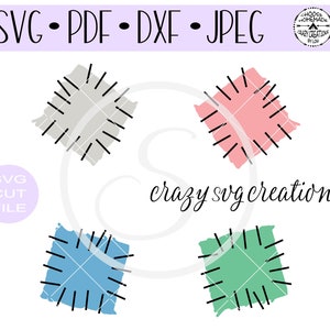 May include: Four different colored patchwork squares with black stitching around the edges. The squares are gray, pink, blue, and green.