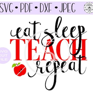 Puede incluir: Diseño gráfico en negro y rojo con el texto "eat sleep teach repeat" y una manzana roja con una hoja.