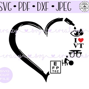 May include: Black and white vector graphic design of a heart with an eye, a heart, the letters "I VT", a pair of glasses, and an eye chart with the letters "E FP TOZ".