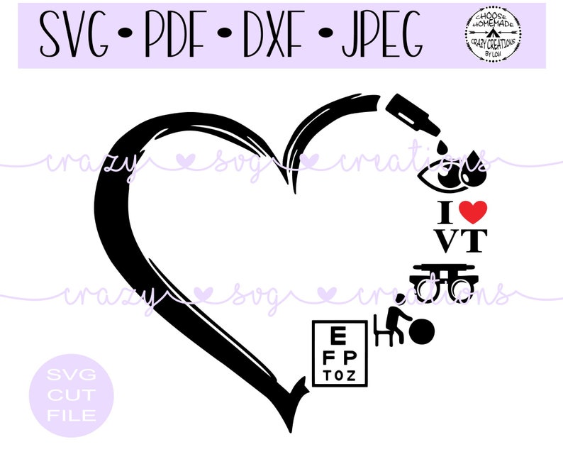 May include: Black and white vector graphic design of a heart with an eye, a heart, the letters "I VT", a pair of glasses, and an eye chart with the letters "E FP TOZ".