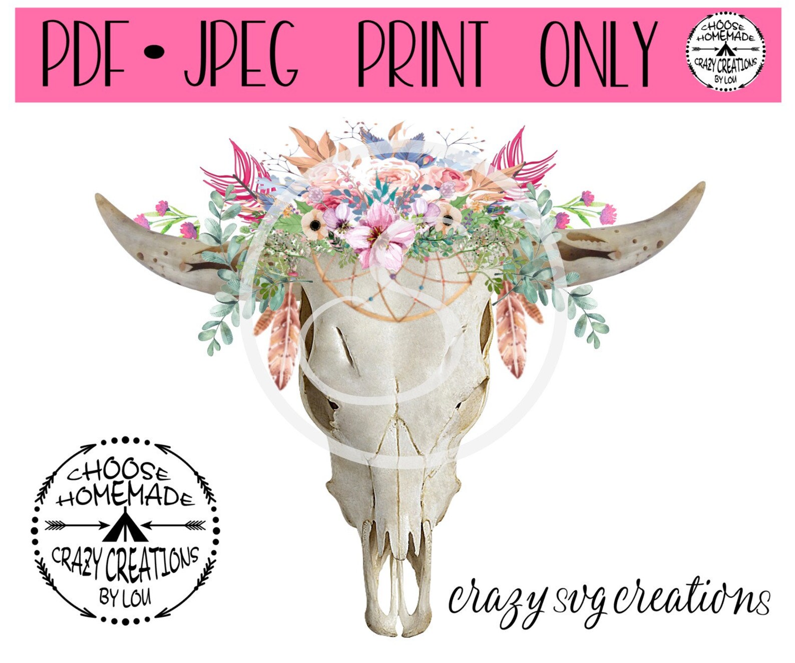 Cow Skull Tribal Head Dress Boho Floral - PRINT ONLY - Jpeg, PNG and ...