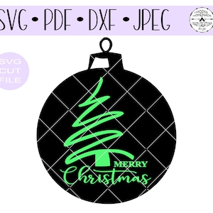 May include: Black and green Christmas bauble with a stylised tree and the text "Merry Christmas".