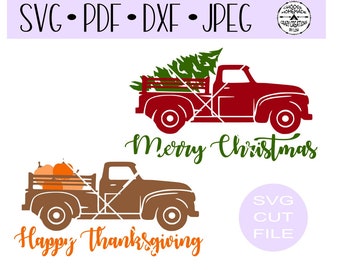 Merry Christmas Happy Thanksgiving Vintage Truck with tree and pumpkins digital cut file for htv-vinyl-decal SVG -.DXF  & JPEG format
