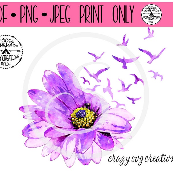Birds Flying Out Of A Flower | Purple Watercolor | Sublimation  |  PNG  | Jpeg  |  PDF  | Print Only