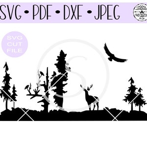 Forest trees deer eagle birds silhouette SVG digital cut file for htv-vinyl-decal-diy-vinyl cutter-craft cutter- SVG - DXF & Jpeg formats.