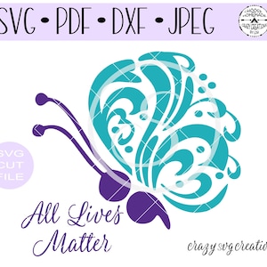 May include: A teal blue butterfly with purple accents and the text "All Lives Matter" in a stylized font.