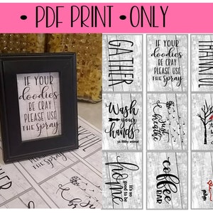 May include: A set of 10 printable signs with a rustic woodgrain background. The signs feature various phrases, including "Gather", "Wash your hands", "Just breathe", "Coffee Bar", "Home", and "Thankful".
