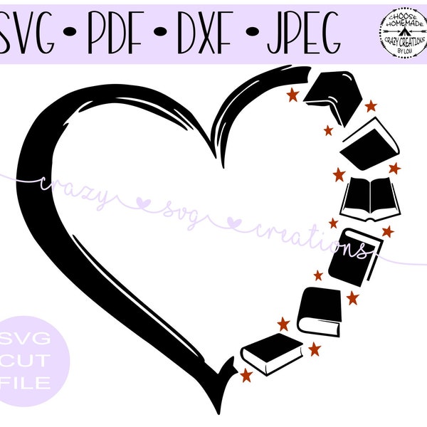 Boeken Noodhart SVG | Teacher Heart Digital Cut File | HTV Cut-bestand | Vinyl Stencil Cut File | PNG | Jpeg | Dxf | Pdf