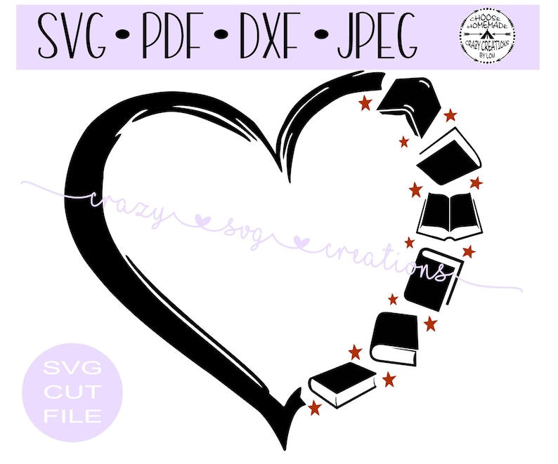 May include: Black and white silhouette of a heart with a border of open books. The books are arranged in a circle around the heart. There are small stars scattered around the books.