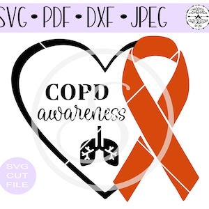 May include: A black heart with the text "COPD awareness" and a stylised image of lungs. An orange ribbon is wrapped around the heart.