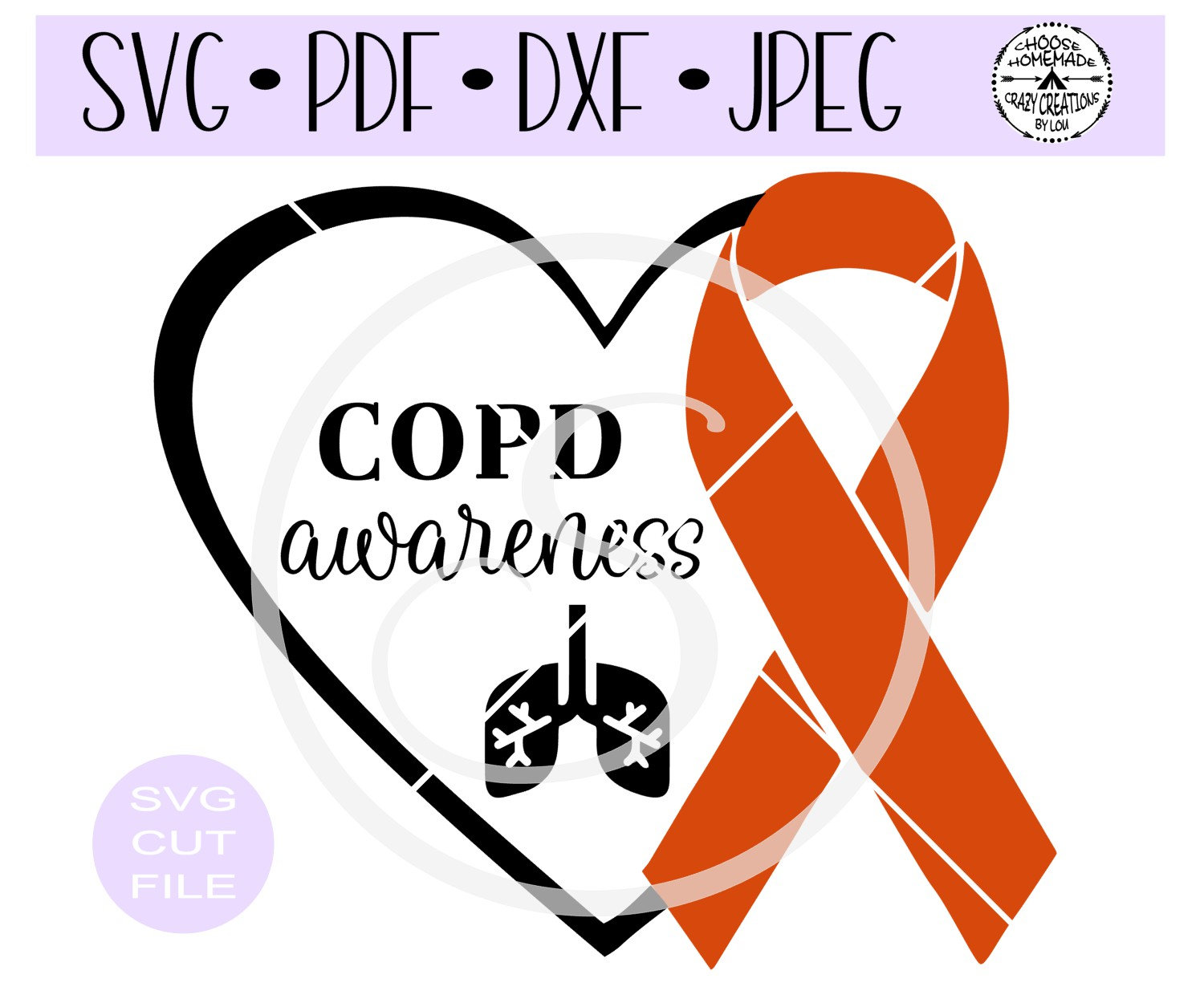 COPD Awareness Ribbon Heart SVG Digital Cut File for Etsy UK