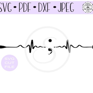 May include: Black and white graphic design of an arrow with a heartbeat line and a semicolon in the middle. The text "SVG CUT FILE" is below the design.