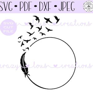 Pássaros voando da coroa de círculo de penas SVG | Arquivo de corte digital | Arquivo de corte HTV | Arquivo de corte de estêncil de vinil | PNG | JPEG | Dxf | PDF