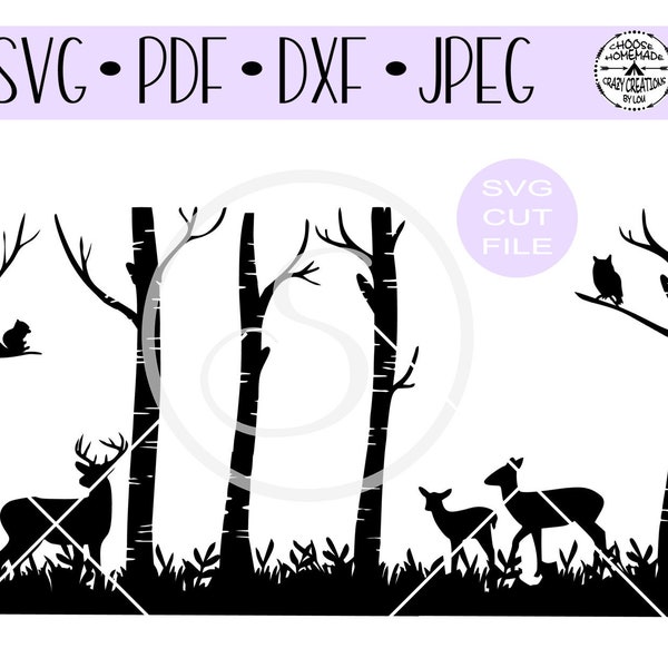 Deer In The Woods with Owl and Squirrel In Birch Trees SVG digital cut file for htv-vinyl-decal-diy-vinyl cutter -SVG - DXF & Jpeg formats.