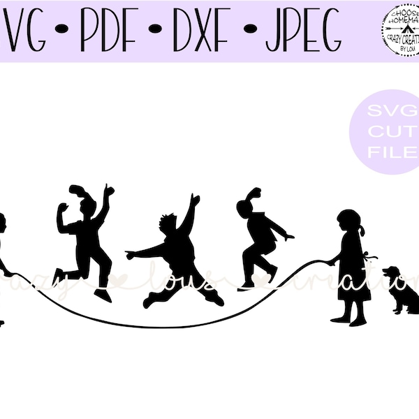 Silhouette of Children Playing Jump Rope  SVG | Digital Cut File | HTV Cut File | Vinyl Stencil Cut File | PNG | Jpeg | Dxf | Pdf