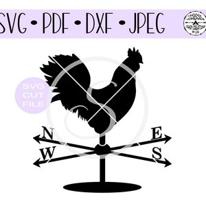 May include: Black silhouette of a rooster weather vane with a compass rose. The rooster is facing right and the compass rose has the letters N, S, E, and W.