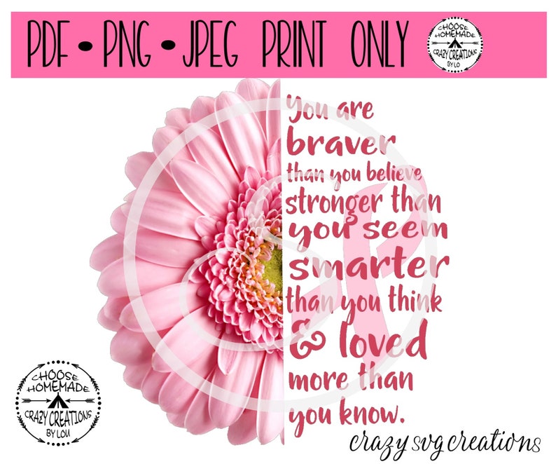 Pink Split Daisy Breast Cancer Ribbon PRINT ONLY Jpeg PNG and Pdf Format Only Sublimation Clip art image 1