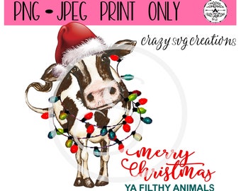 Feliz Navidad Ya sucio animales vaca con navidad luces sublimación archivo / impresión digital solamente / imprimible / PNG / JPG Descarga instantánea