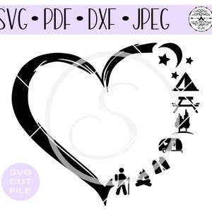 Coração de acampamento SVG | Adoro acampar | Coração angustiado | Arquivo de corte HTV | Arquivo de corte de decalque de vinil | Arquivo de corte de estêncil de vinil | PNG | JPEG | Dxf | PDF