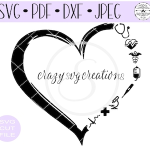 May include: Black and white digital design of a heart with medical symbols surrounding it. The text "crazy svg creations" is inside the heart.