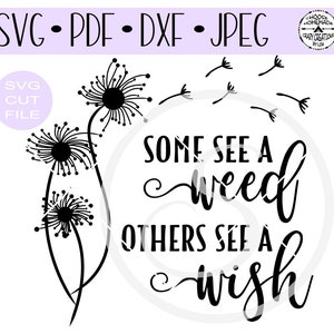 May include: Black and white silhouette of dandelions with the text "Some see a weed others see a wish".