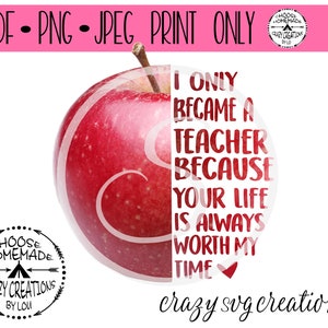 Op de afbeelding: Rode appel met een witte cirkel eroverheen met de tekst "Ik ben alleen leraar geworden omdat je leven altijd mijn tijd waard is" met een klein rood hartje aan het einde.