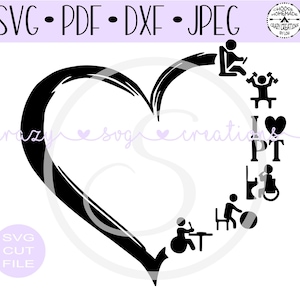 May include: Black and white silhouette of a heart with the words "I love PT" inside. The heart is surrounded by various icons representing physical therapy, such as a person sitting in a chair, a person lifting weights, a person using a walker, and a person in a wheelchair.