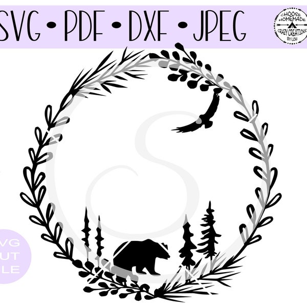 Woodsy Wreath Bear Trees Eagle SVG digital cut file for htv-vinyl-decal-diy-vinyl cutter-craft cutter- SVG - DXF &  Png Jpeg formats.