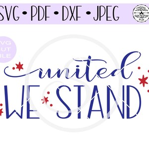 May include: A blue and white graphic design with the text "united we stand" and red stars.