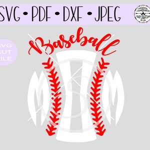 May include: A white baseball with red stitching and the word "Baseball" written in red cursive above it.